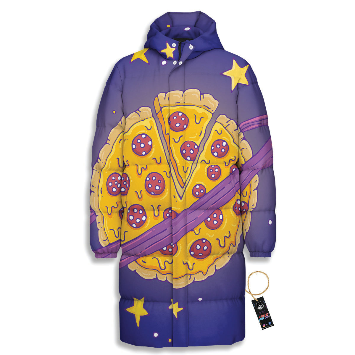 Cartoon Pizza Planet Print Long Down Jacket