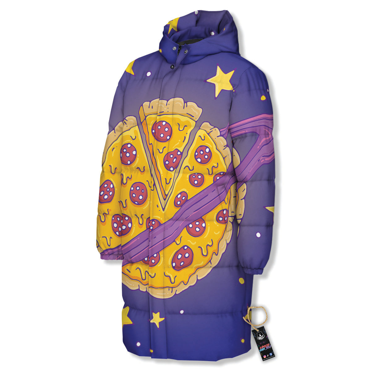 Cartoon Pizza Planet Print Long Down Jacket