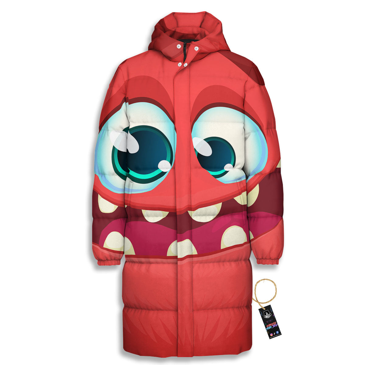 Cartoon Red Monster Face Cute Print Long Down Jacket