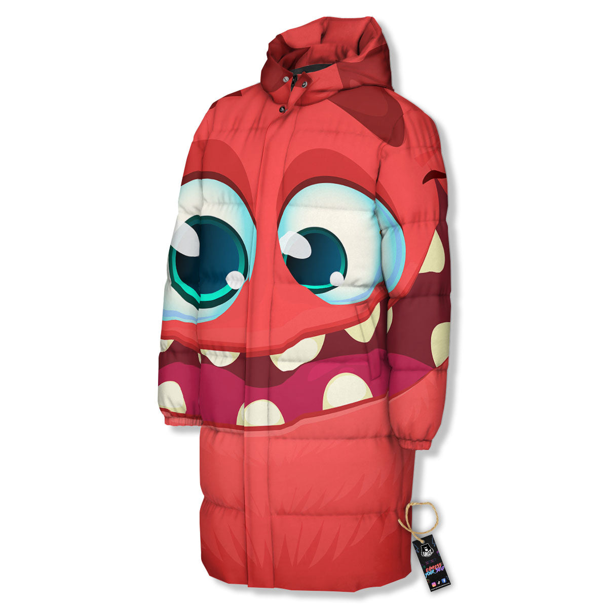 Cartoon Red Monster Face Cute Print Long Down Jacket