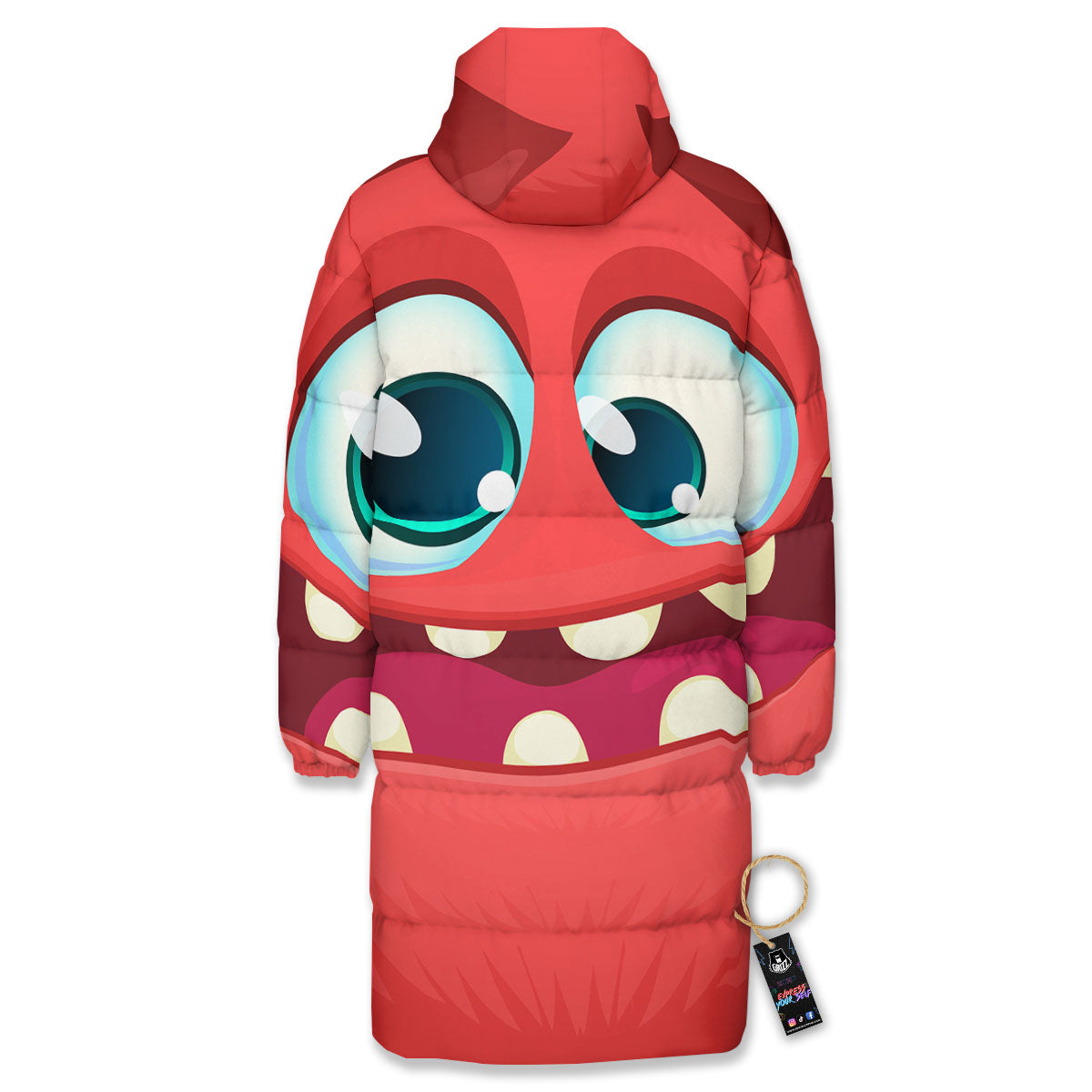Cartoon Red Monster Face Cute Print Long Down Jacket