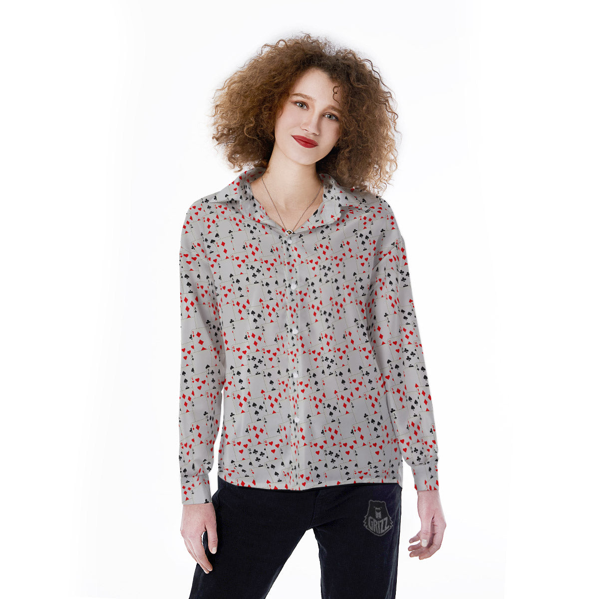 Casino Card Cartoon Print Pattern Women's Long Sleeve Shirts-grizzshop