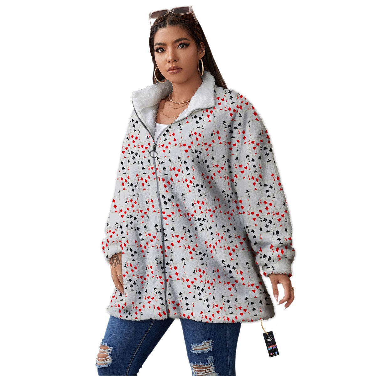 Casino Card Cartoon Print Pattern Women's Sherpa Jacket-grizzshop