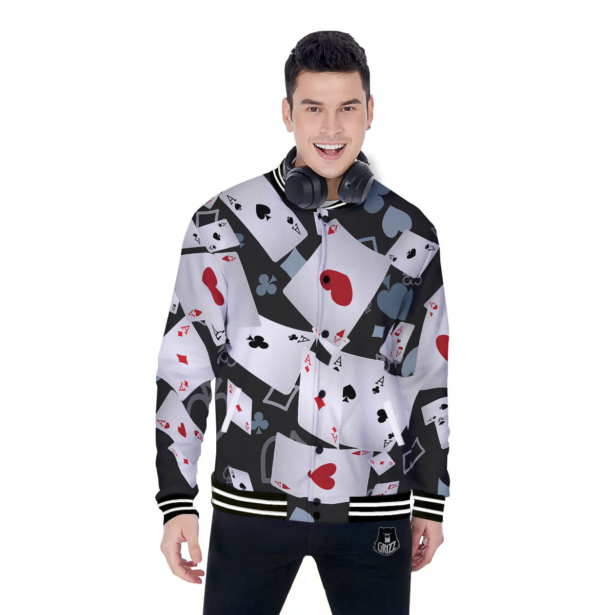Casino Card Falling Print Baseball Jacket-grizzshop