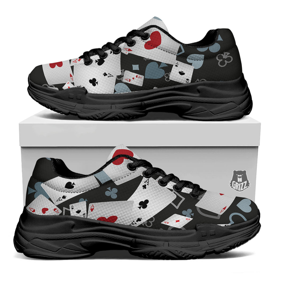 Casino Card Falling Print Black Chunky Shoes-grizzshop