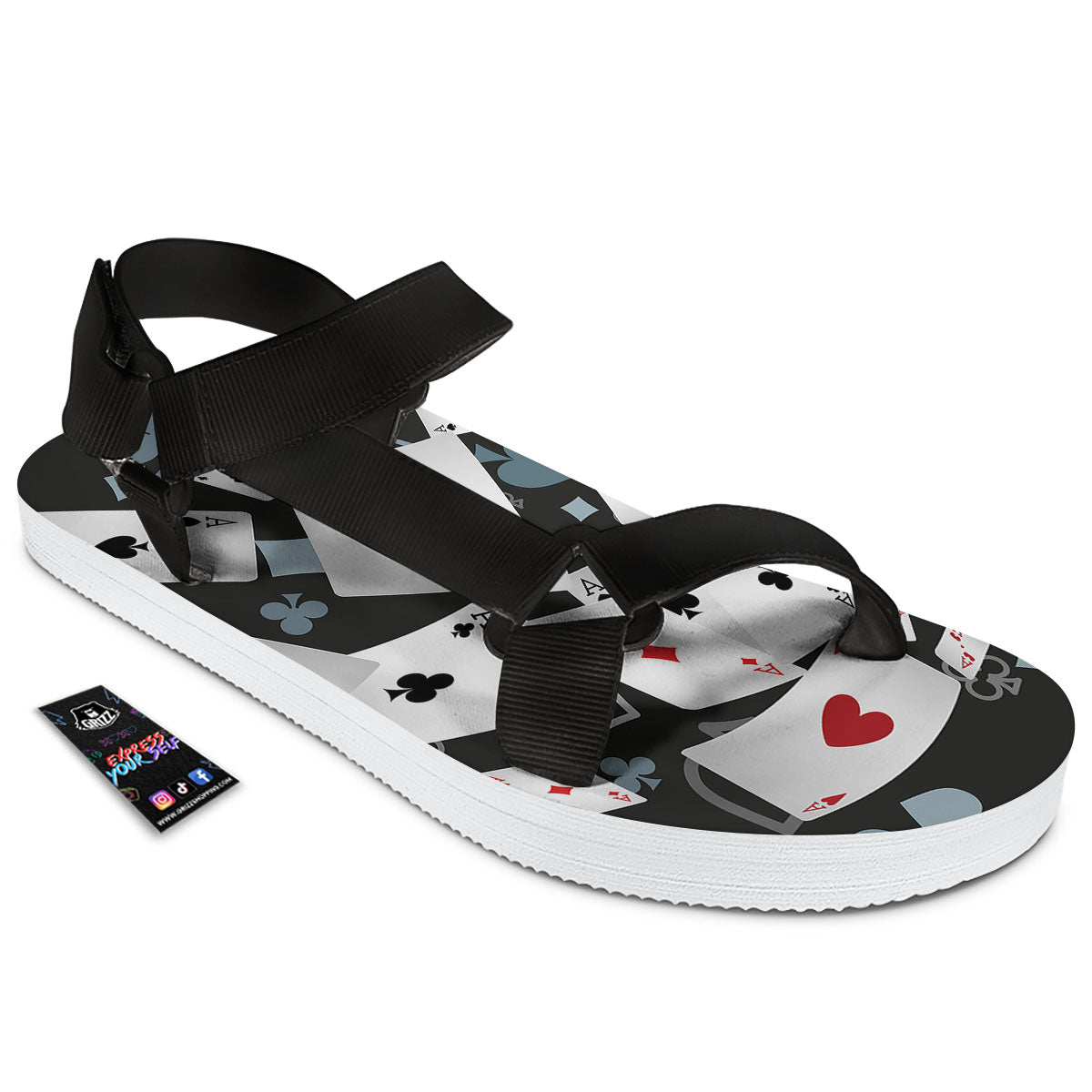Casino Card Falling Print Black Open Toe Sandals-grizzshop