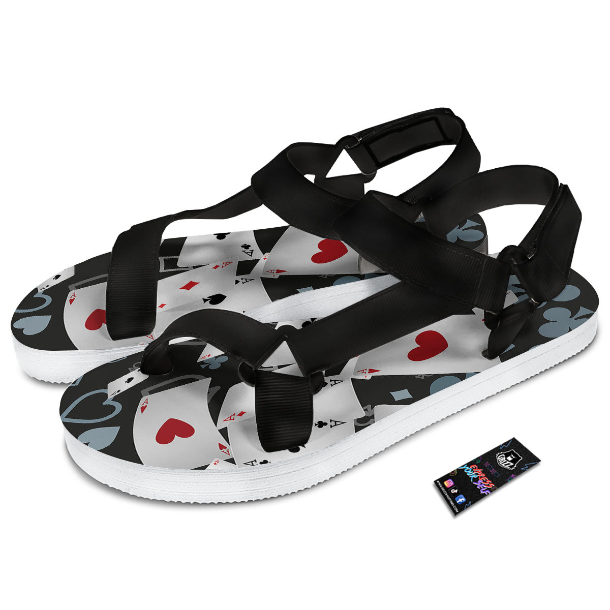 Casino Card Falling Print Black Open Toe Sandals-grizzshop