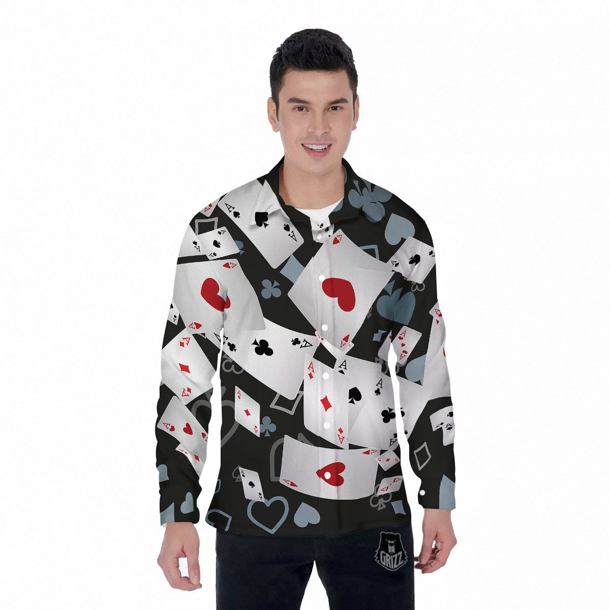 Casino Card Falling Print Men's Long Sleeve Shirts-grizzshop