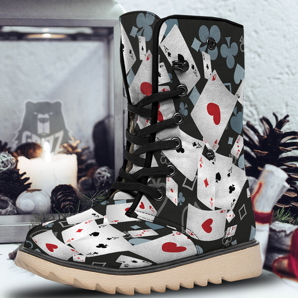 Casino Card Falling Print Snow Boots-grizzshop
