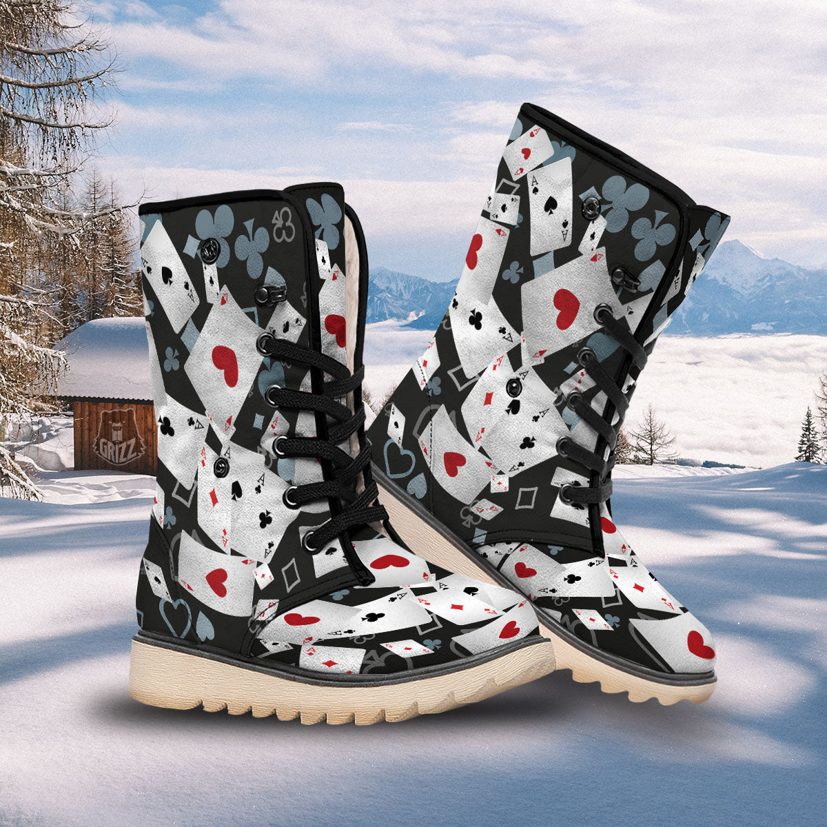 Casino Card Falling Print Snow Boots-grizzshop