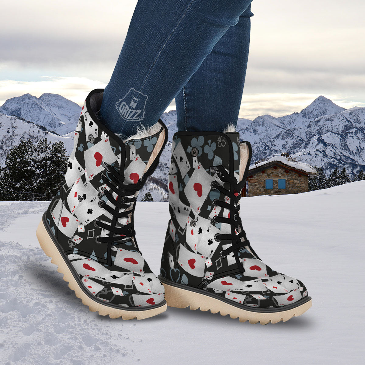 Casino Card Falling Print Snow Boots-grizzshop