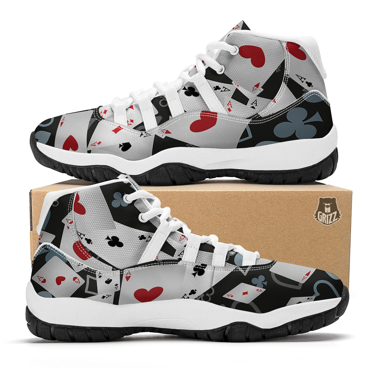 Casino Card Falling Print White Bball Shoes-grizzshop