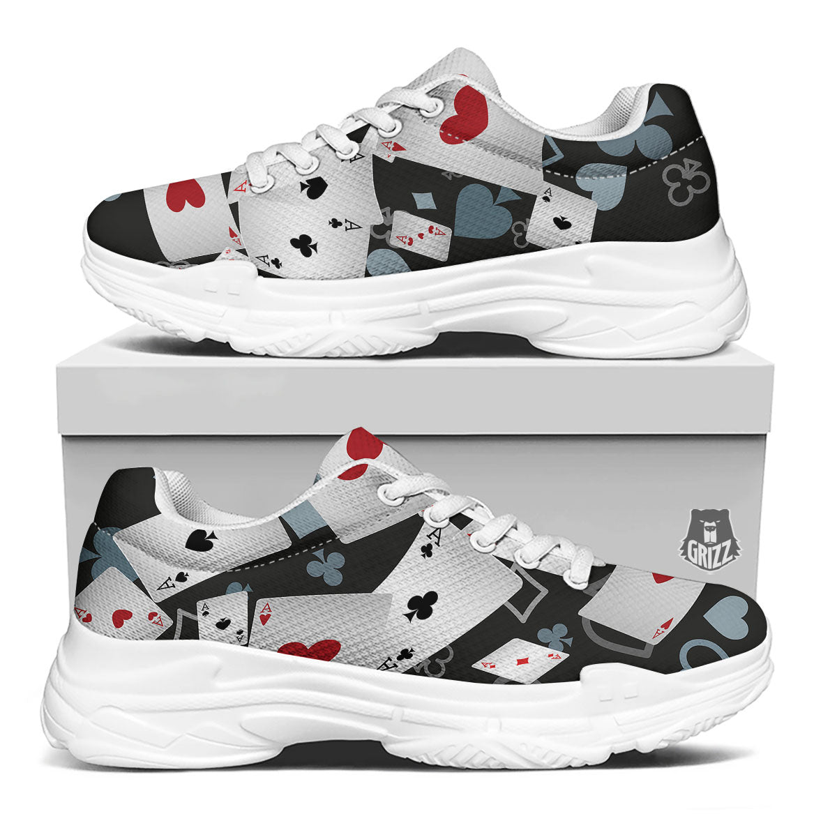 Casino Card Falling Print White Chunky Shoes-grizzshop