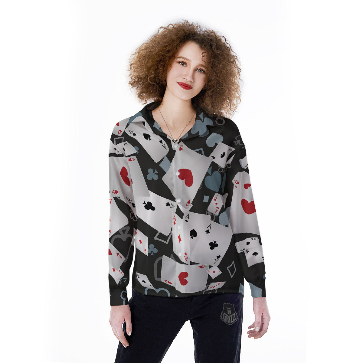 Casino Card Falling Print Women's Long Sleeve Shirts-grizzshop