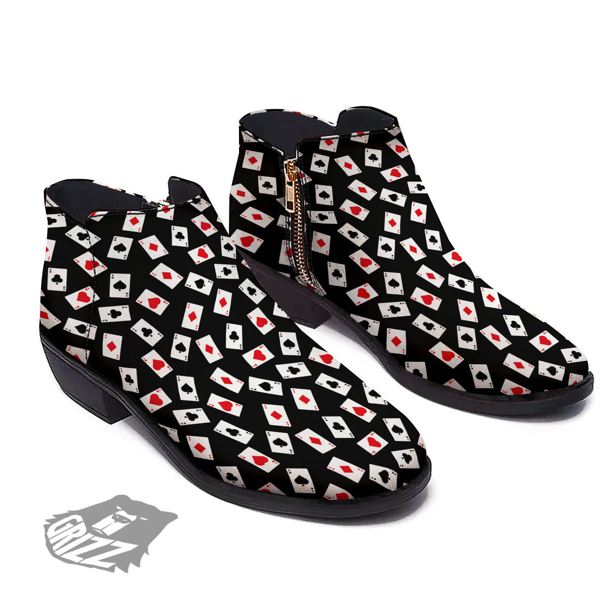 Casino Card Red And Black Print Pattern Ankle Boots-grizzshop