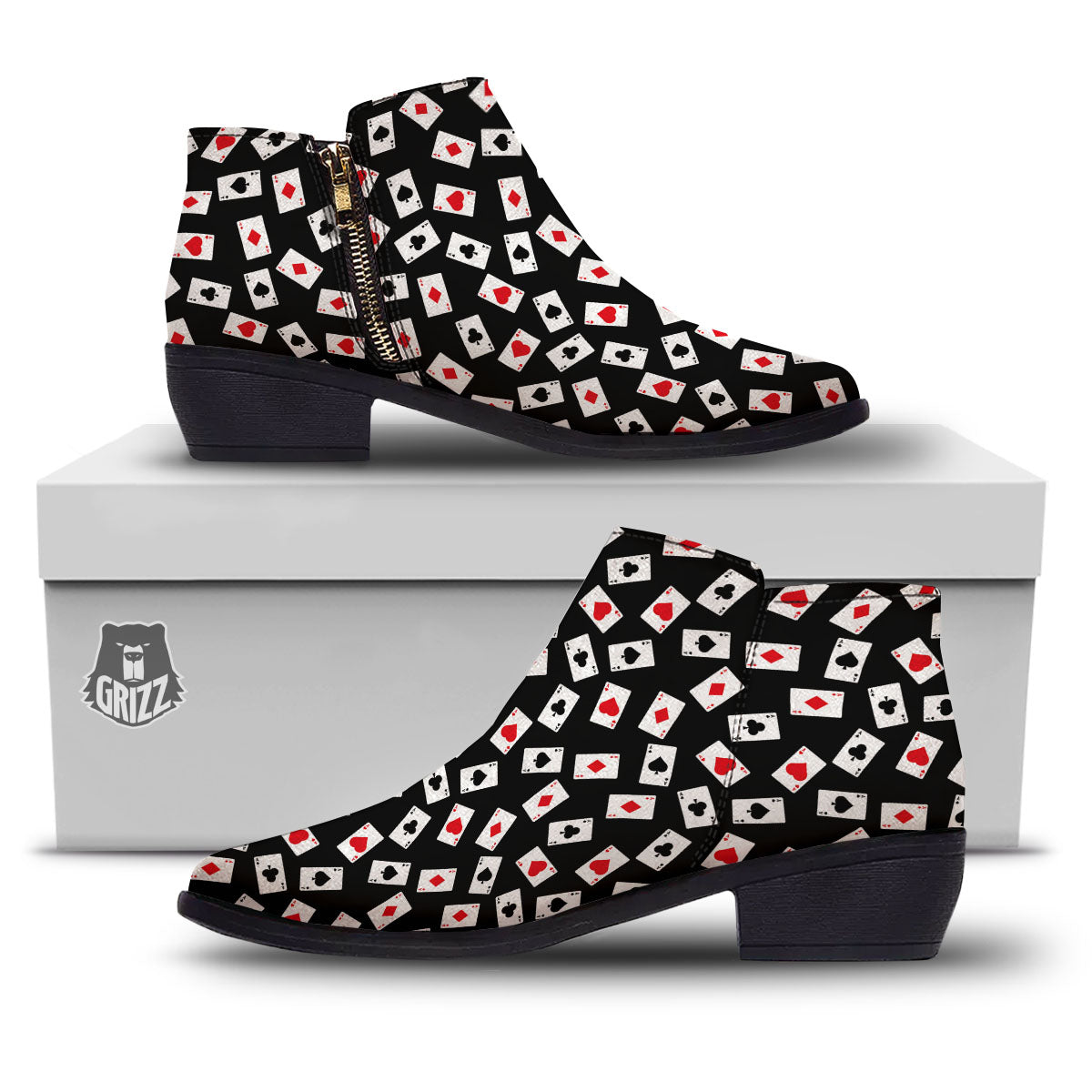 Casino Card Red And Black Print Pattern Ankle Boots-grizzshop
