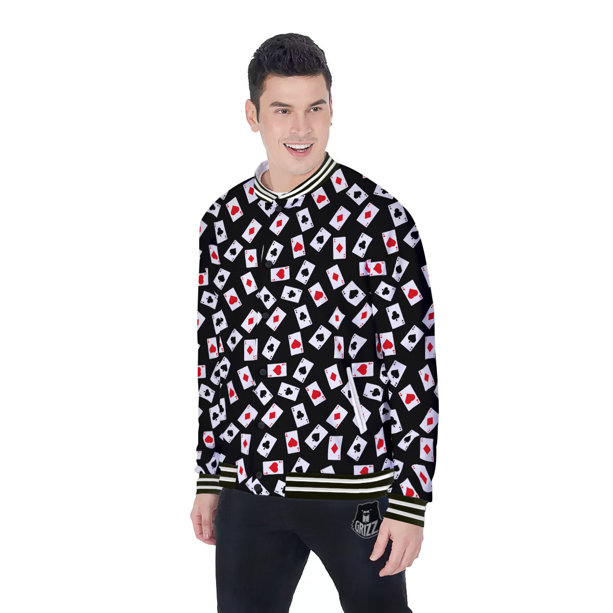 Casino Card Red And Black Print Pattern Baseball Jacket-grizzshop