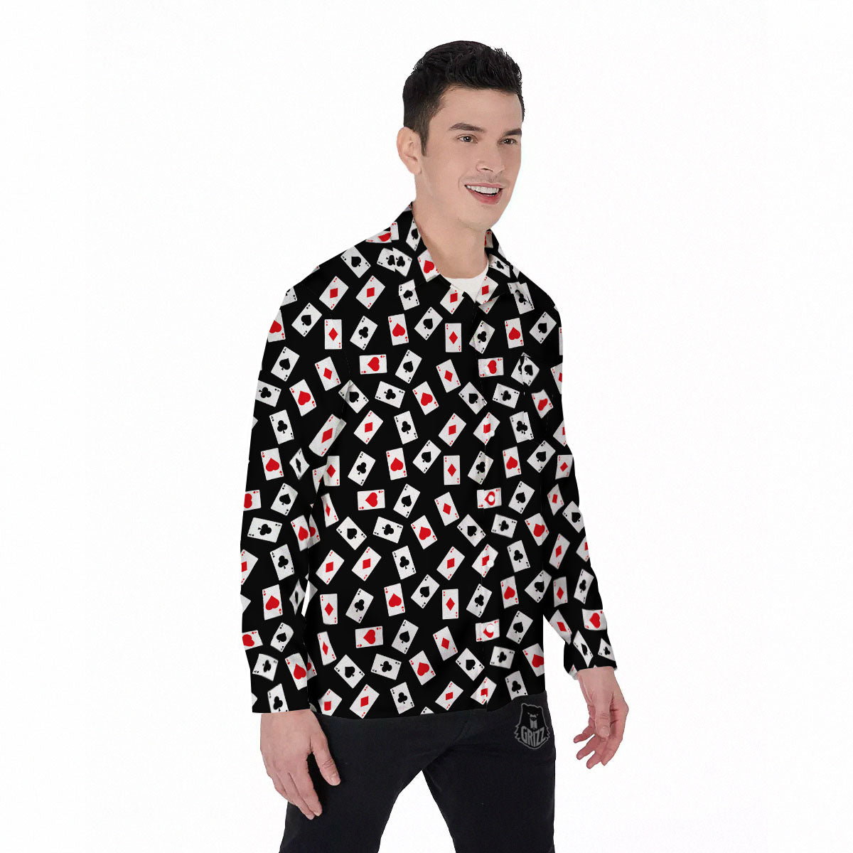 Casino Card Red And Black Print Pattern Men's Long Sleeve Shirts-grizzshop