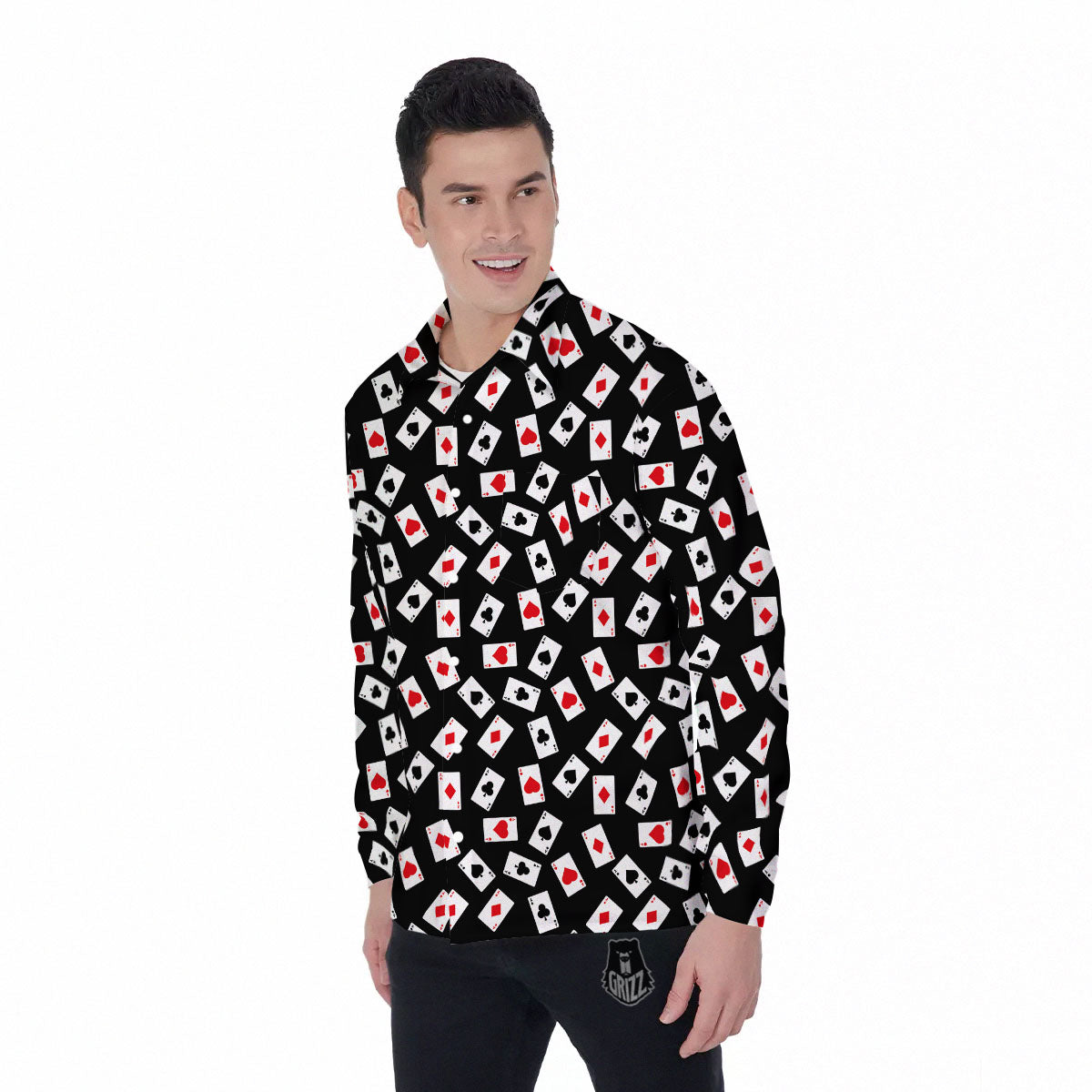 Casino Card Red And Black Print Pattern Men's Long Sleeve Shirts-grizzshop