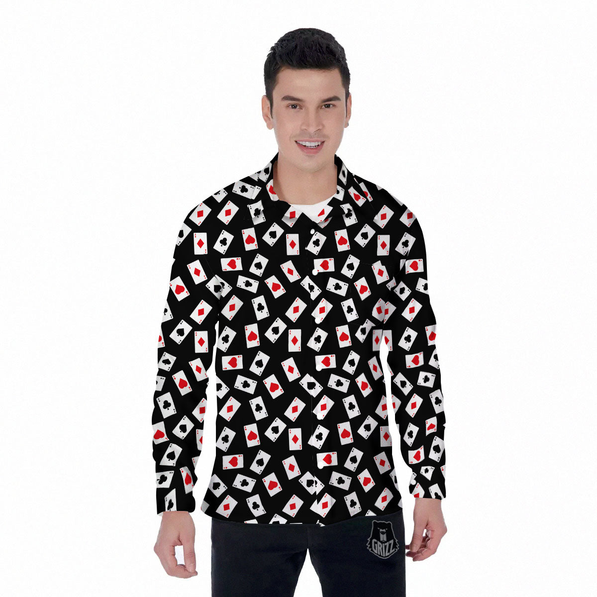 Casino Card Red And Black Print Pattern Men's Long Sleeve Shirts-grizzshop