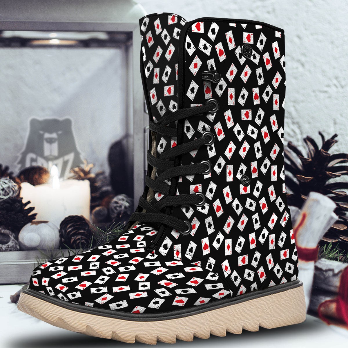 Casino Card Red And Black Print Pattern Snow Boots-grizzshop