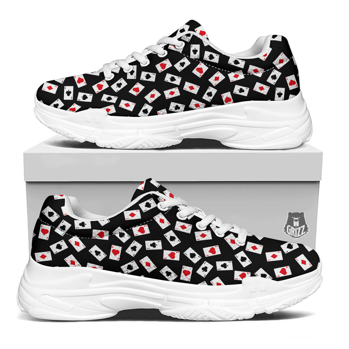 Casino Card Red And Black Print Pattern White Chunky Shoes-grizzshop