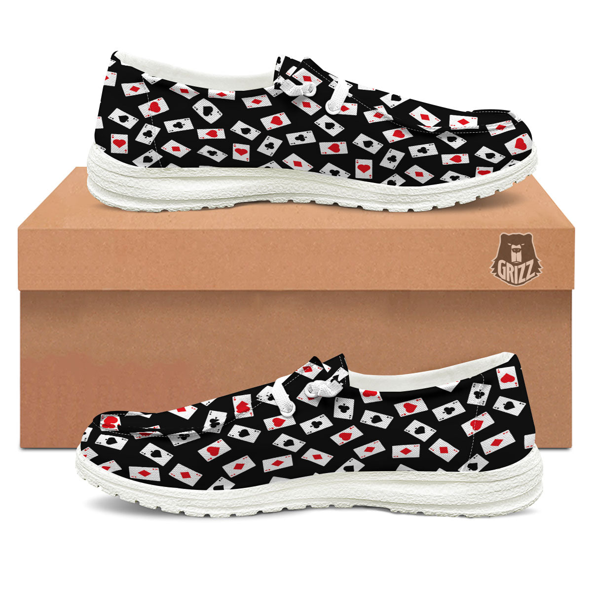 Casino Card Red And Black Print Pattern White Loafers-grizzshop