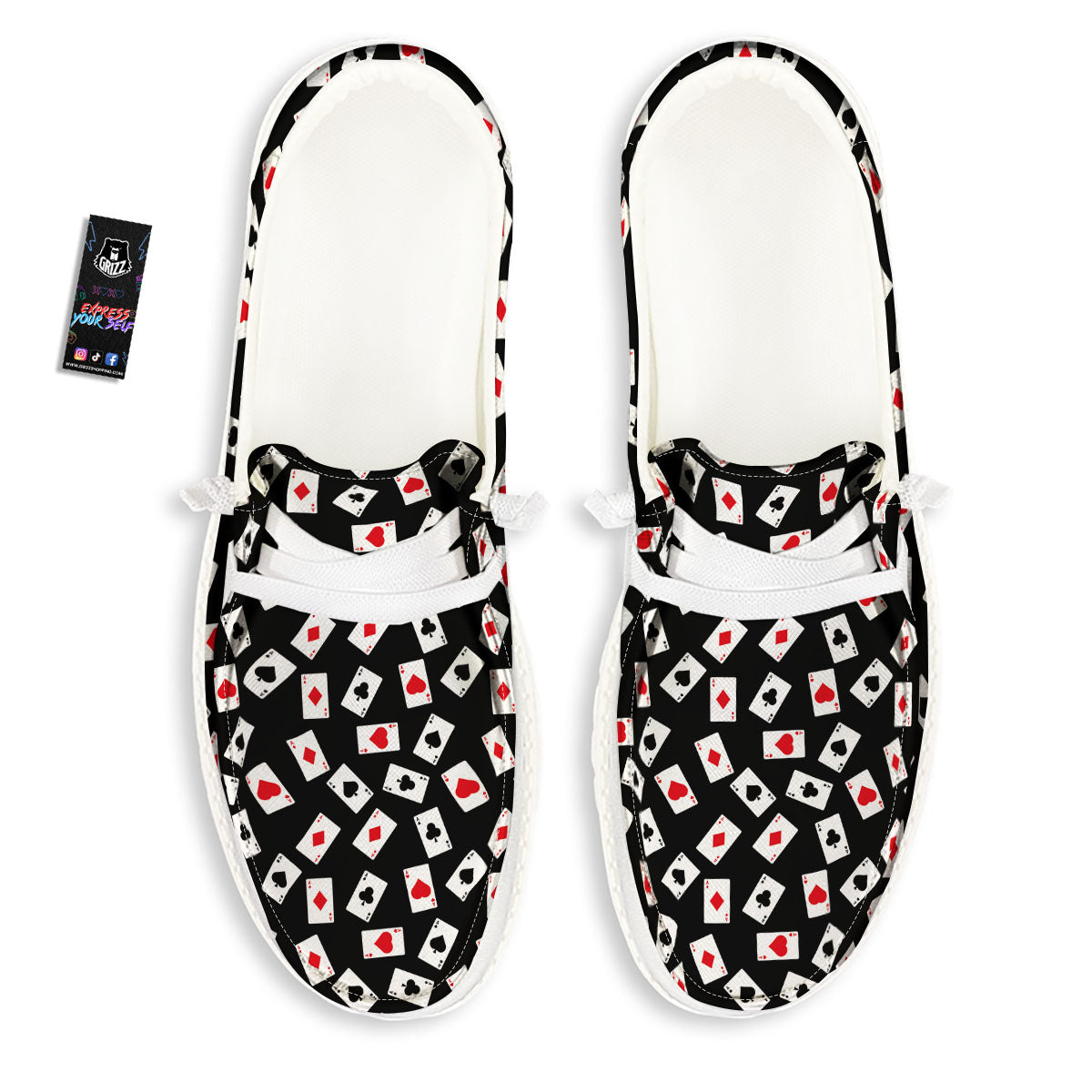 Casino Card Red And Black Print Pattern White Loafers-grizzshop