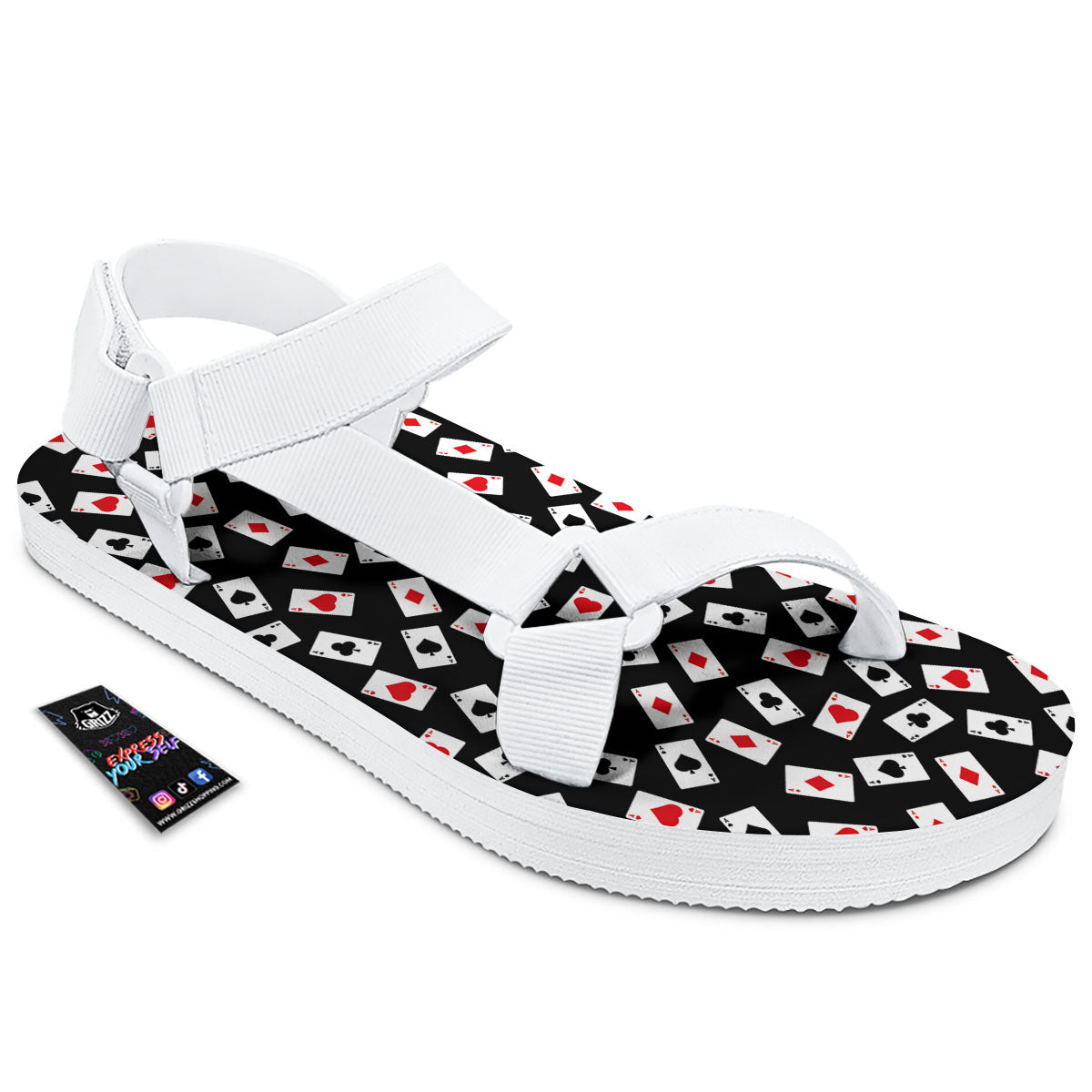 Casino Card Red And Black Print Pattern White Open Toe Sandals-grizzshop