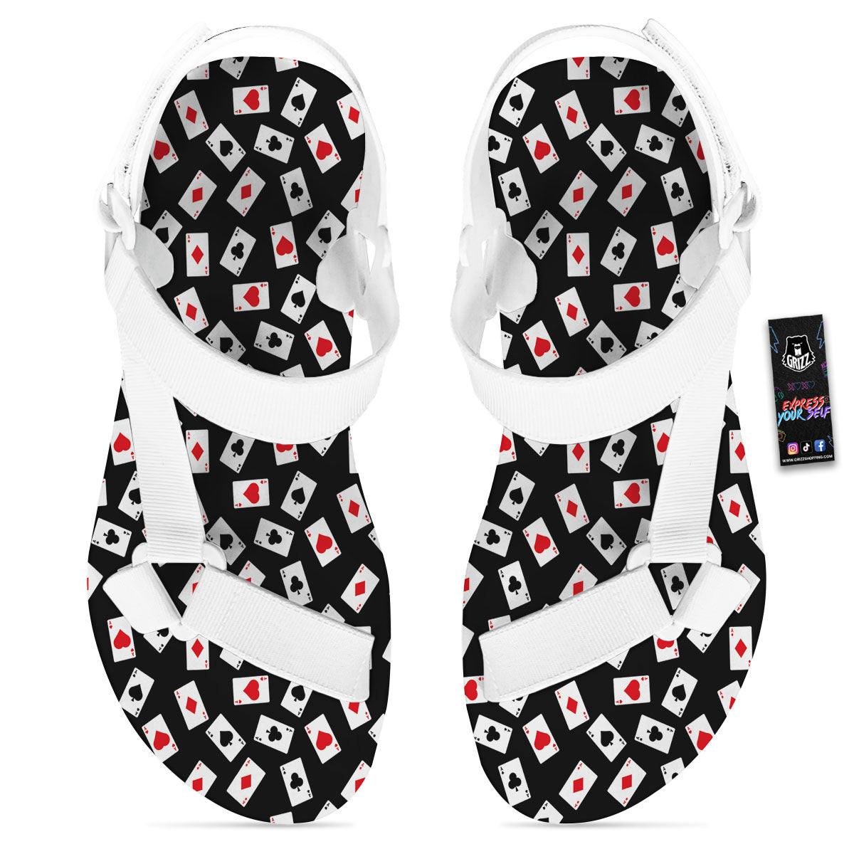Casino Card Red And Black Print Pattern White Open Toe Sandals-grizzshop