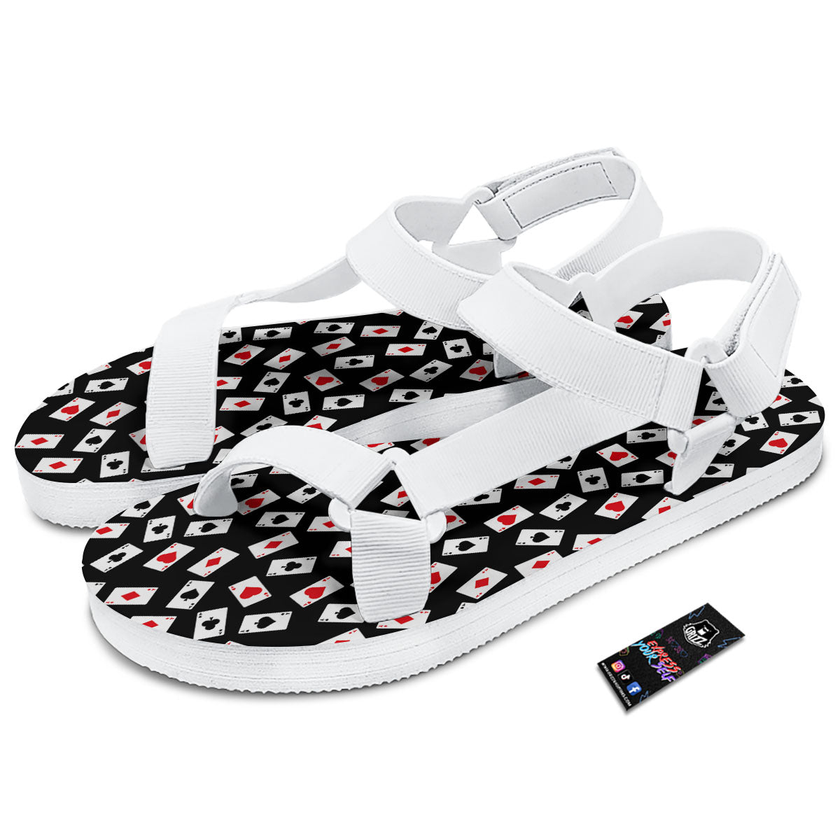 Casino Card Red And Black Print Pattern White Open Toe Sandals-grizzshop