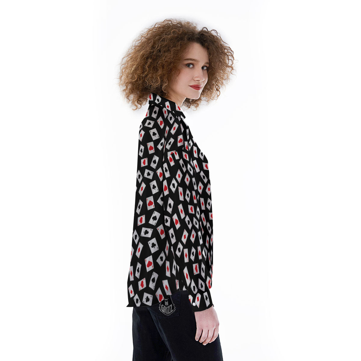 Casino Card Red And Black Print Pattern Women's Long Sleeve Shirts-grizzshop