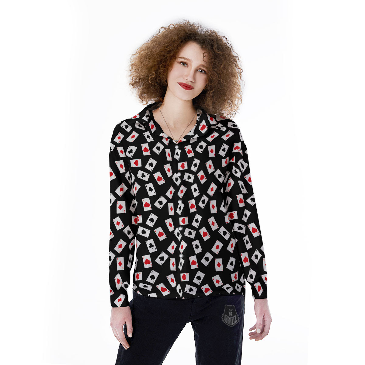 Casino Card Red And Black Print Pattern Women's Long Sleeve Shirts-grizzshop