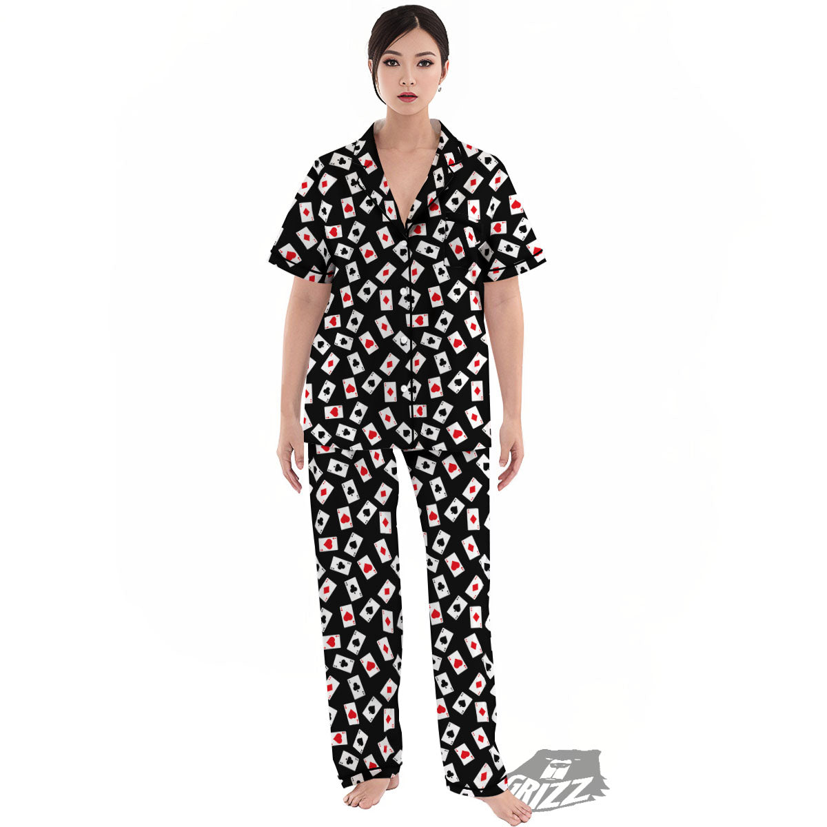 Casino Card Red And Black Print Pattern Women's Pajamas Set-grizzshop