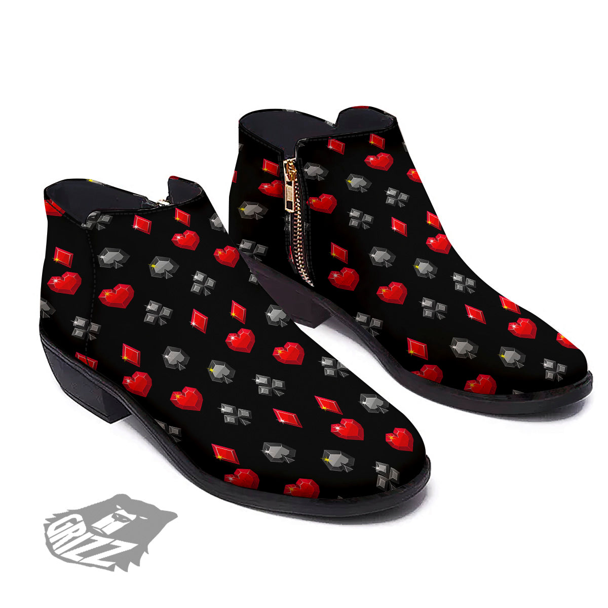 Casino Card Suits Red Black Print Pattern Ankle Boots-grizzshop