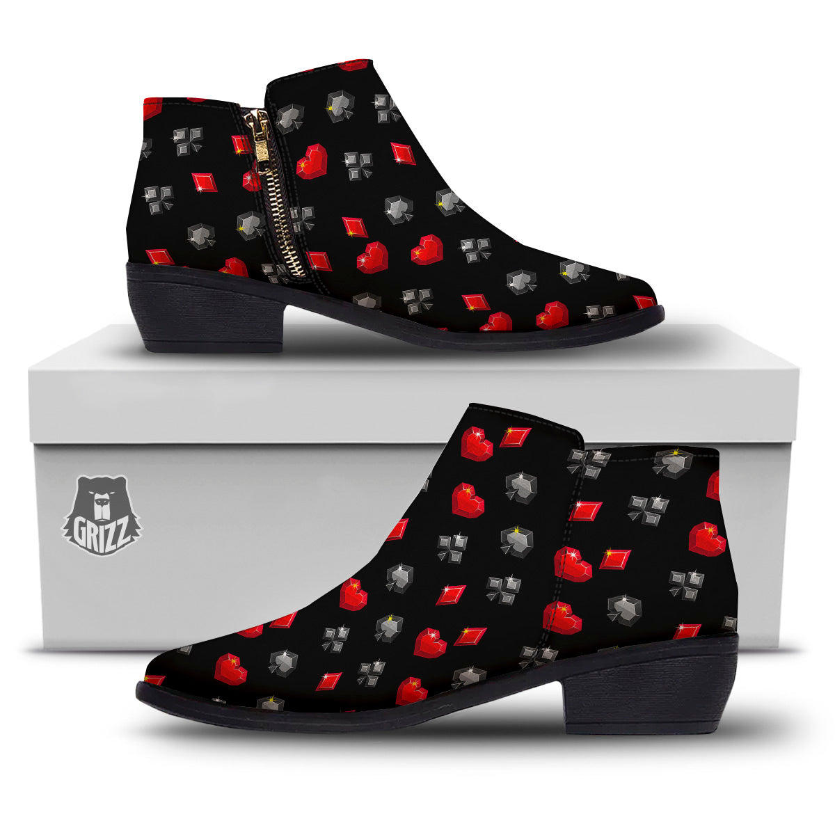 Casino Card Suits Red Black Print Pattern Ankle Boots-grizzshop