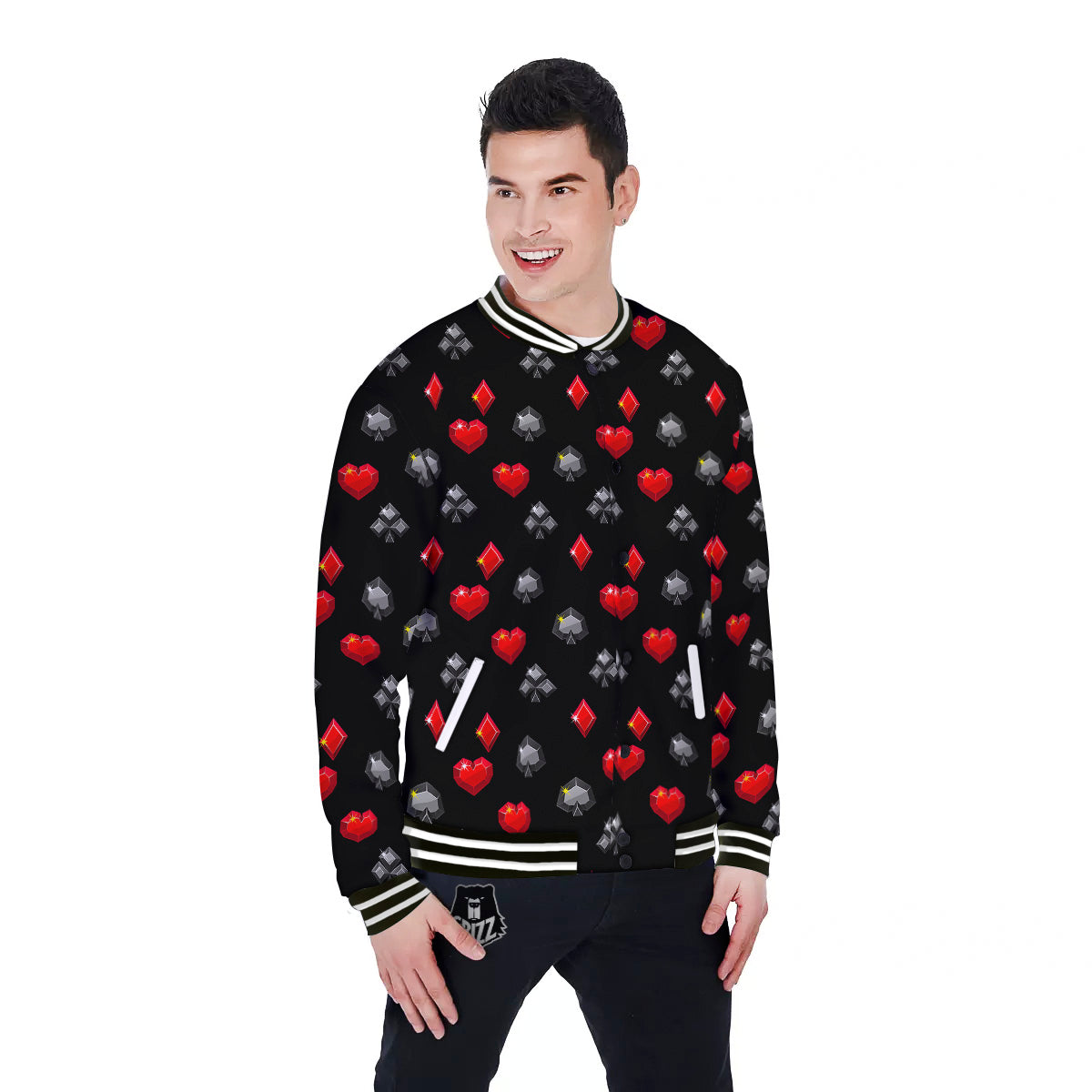 Casino Card Suits Red Black Print Pattern Baseball Jacket-grizzshop