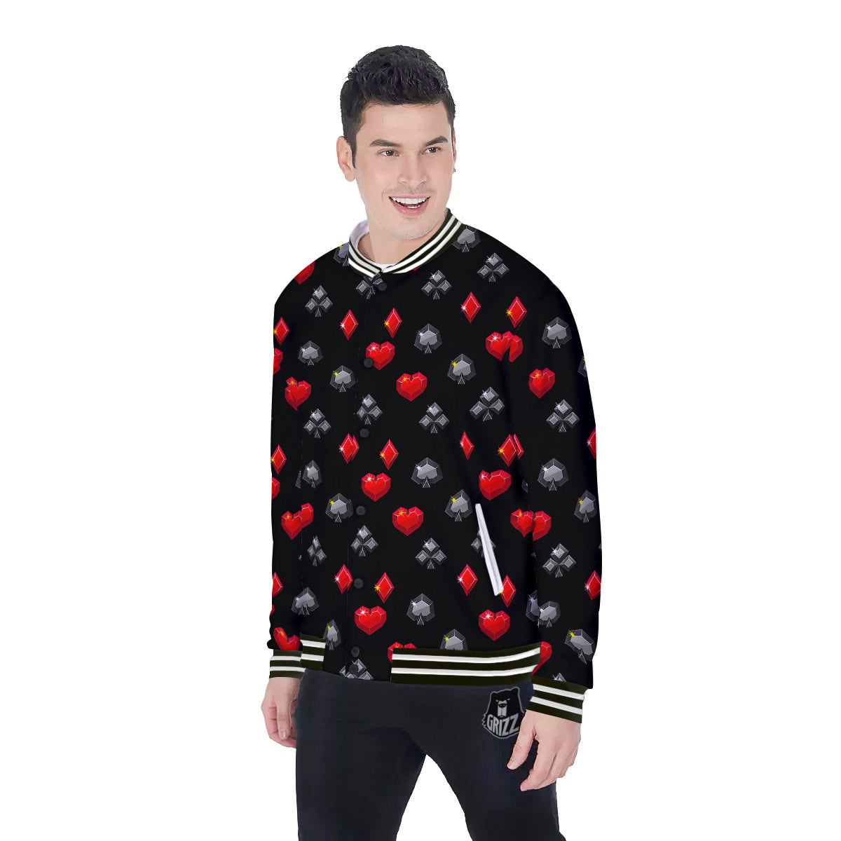 Casino Card Suits Red Black Print Pattern Baseball Jacket-grizzshop