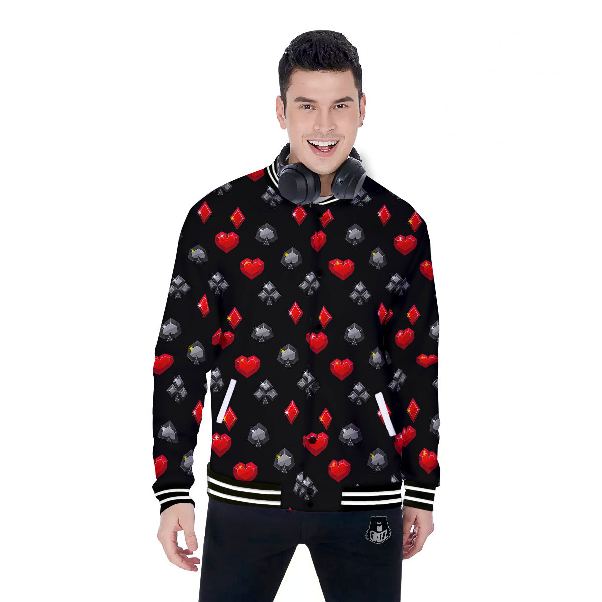 Casino Card Suits Red Black Print Pattern Baseball Jacket-grizzshop