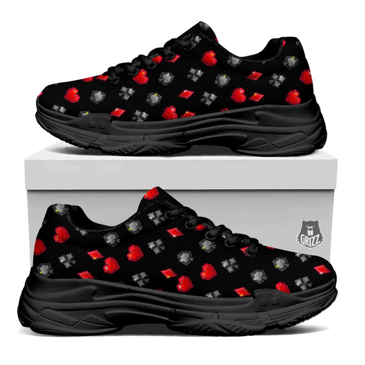Casino Card Suits Red Black Print Pattern Black Chunky Shoes-grizzshop