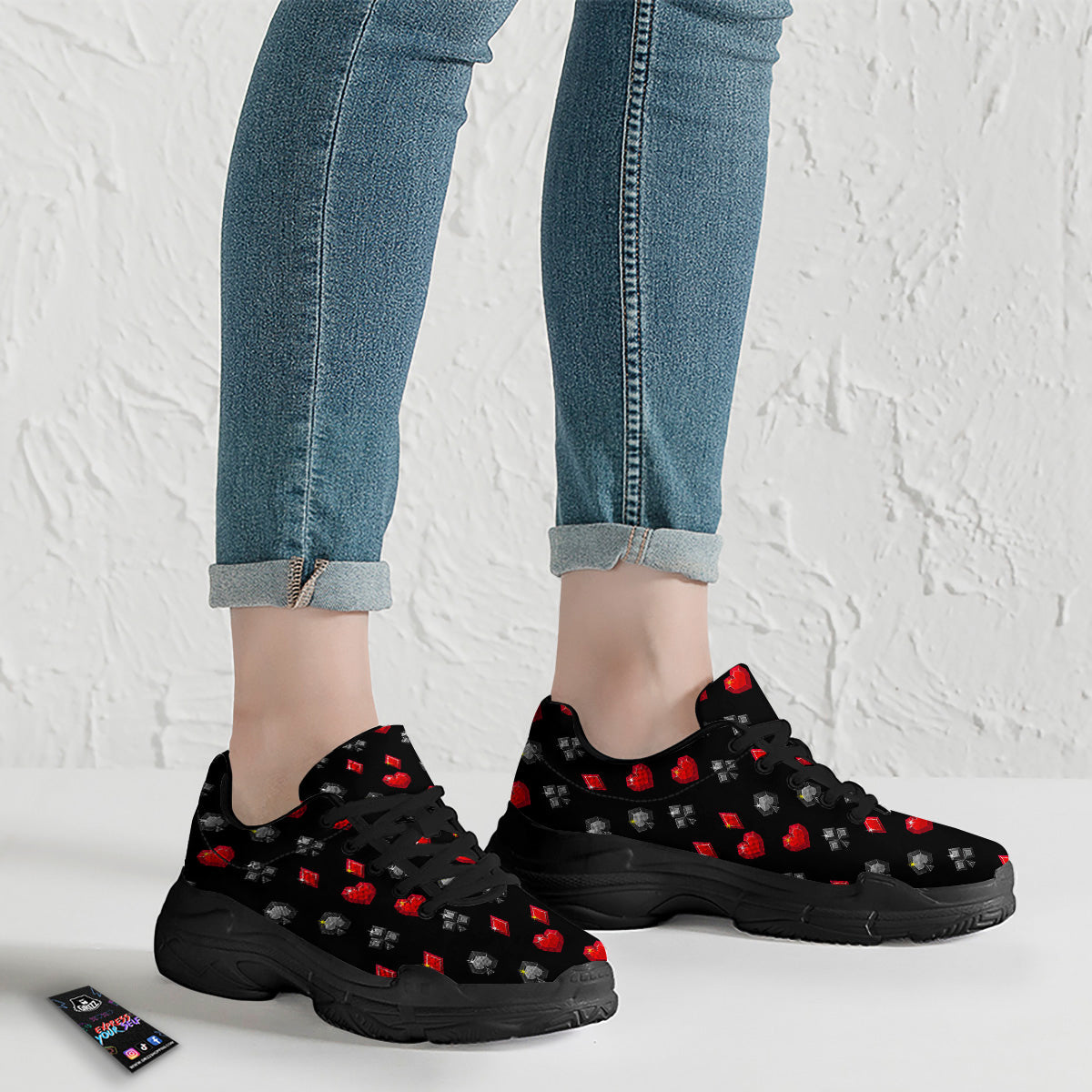 Casino Card Suits Red Black Print Pattern Black Chunky Shoes-grizzshop