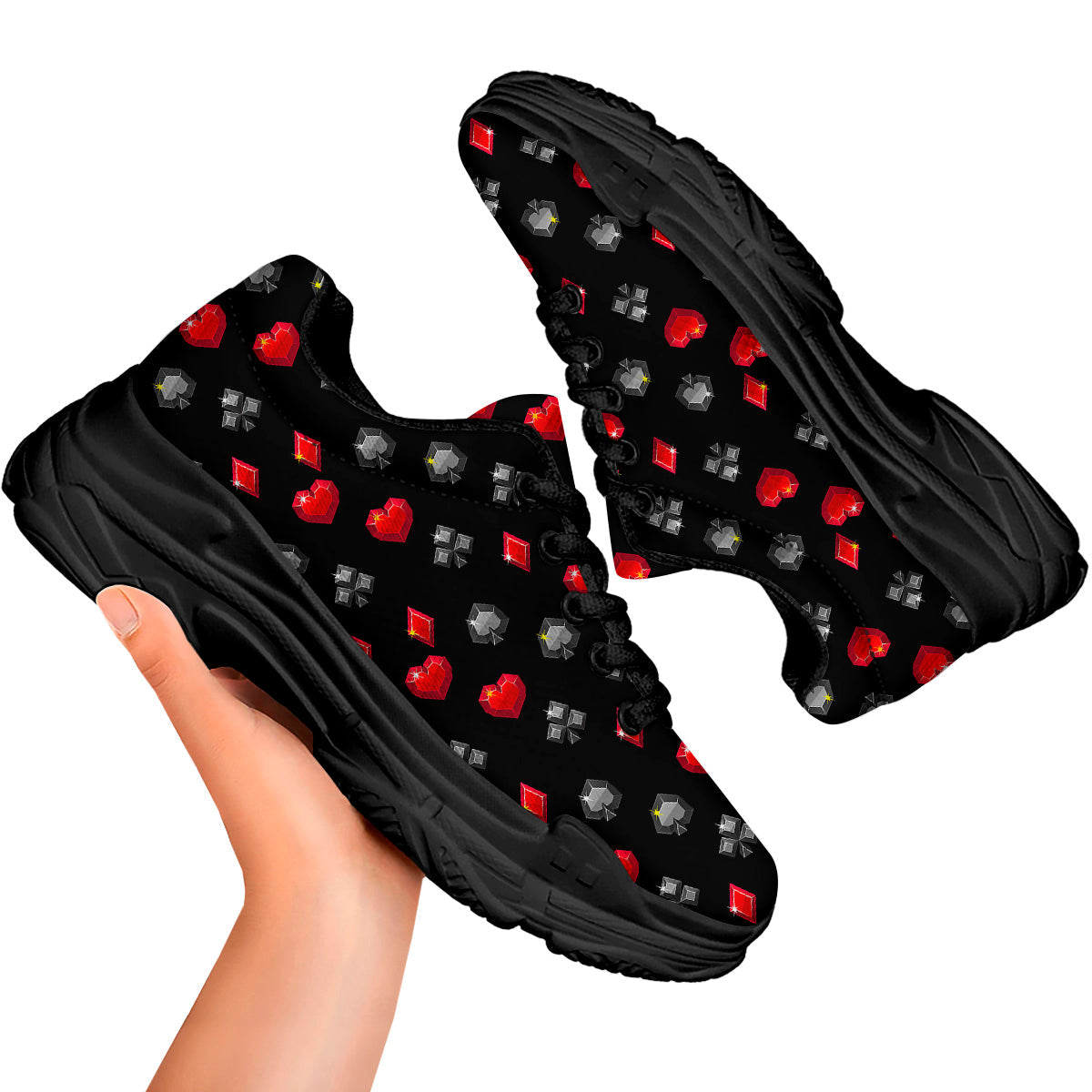 Casino Card Suits Red Black Print Pattern Black Chunky Shoes-grizzshop