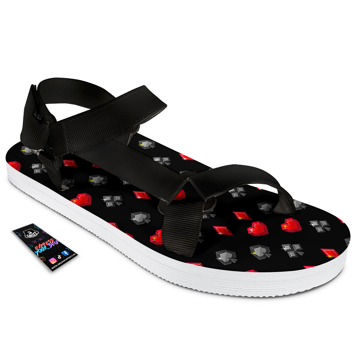 Casino Card Suits Red Black Print Pattern Black Open Toe Sandals-grizzshop
