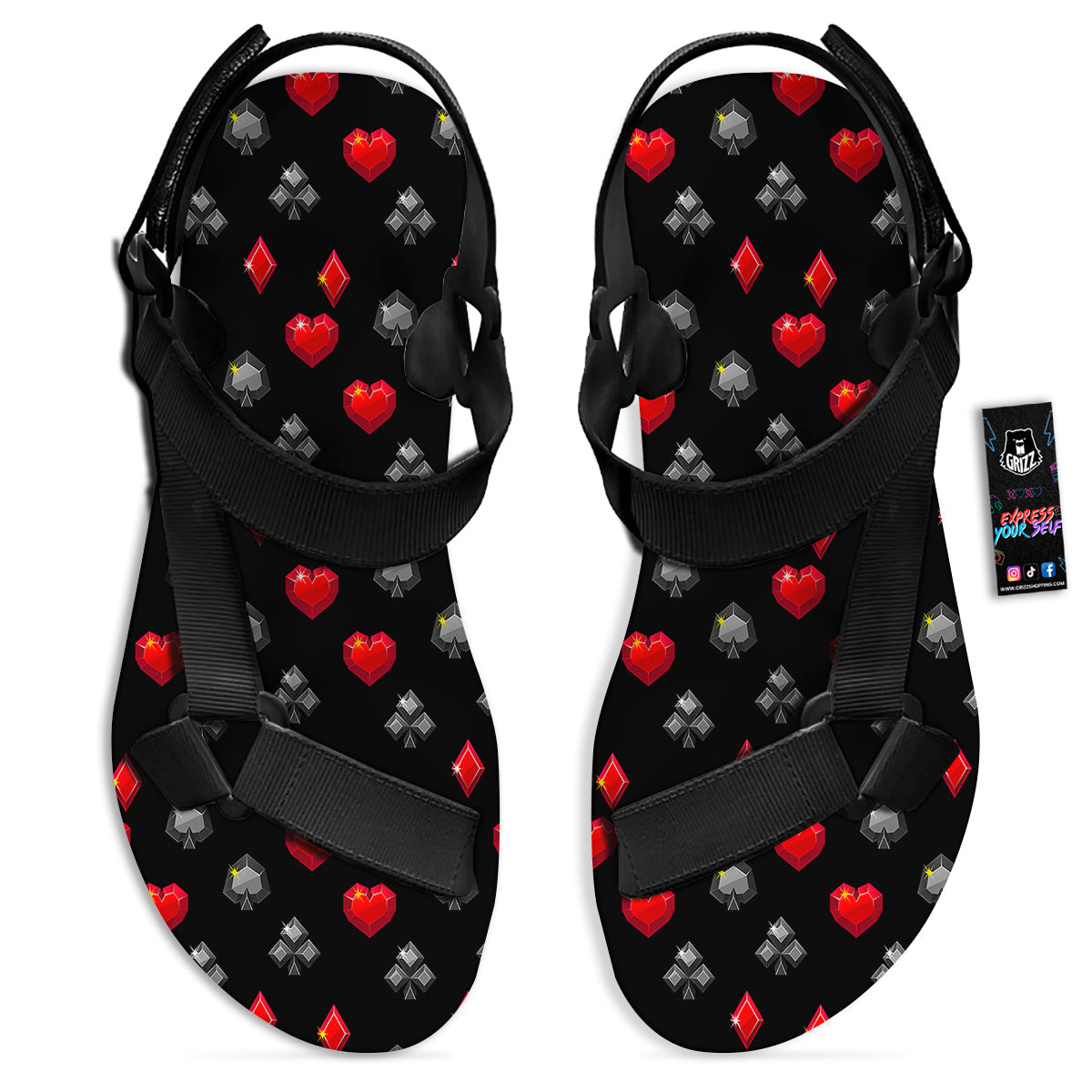Casino Card Suits Red Black Print Pattern Black Open Toe Sandals-grizzshop