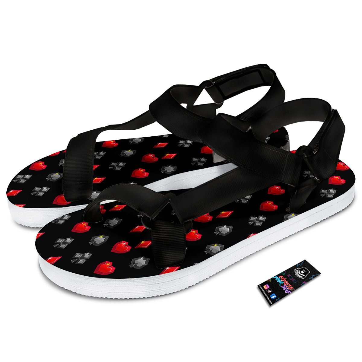 Casino Card Suits Red Black Print Pattern Black Open Toe Sandals-grizzshop