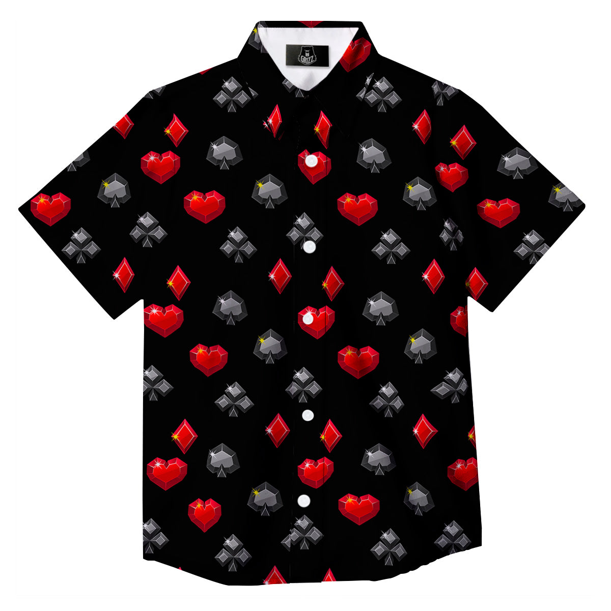 Casino Card Suits Red Black Print Pattern Button Up Shirt-grizzshop
