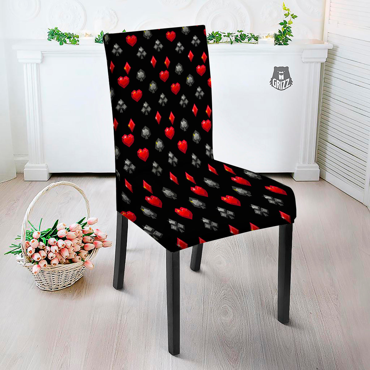 Casino Card Suits Red Black Print Pattern Dining Chair Slipcover-grizzshop