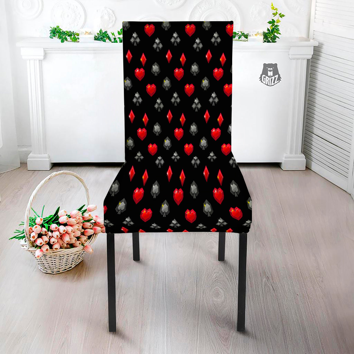 Casino Card Suits Red Black Print Pattern Dining Chair Slipcover-grizzshop