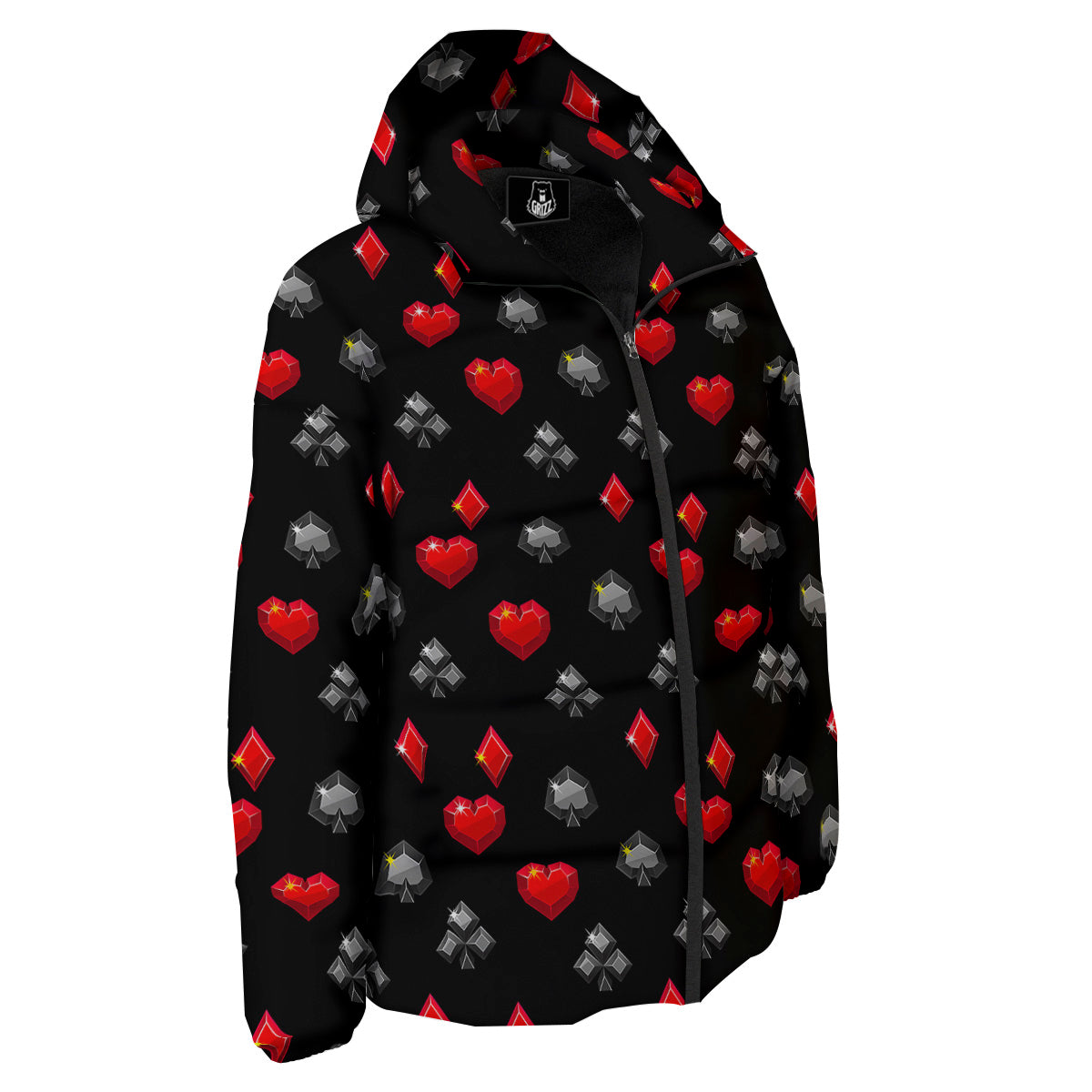 Casino Card Suits Red Black Print Pattern Down Jacket-grizzshop