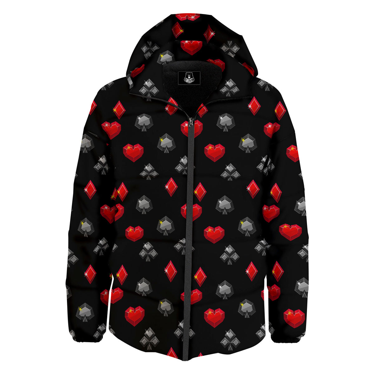Casino Card Suits Red Black Print Pattern Down Jacket-grizzshop